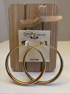 Diva Shiny Gold Hoop Earrings - Classic Round Hoops 3”